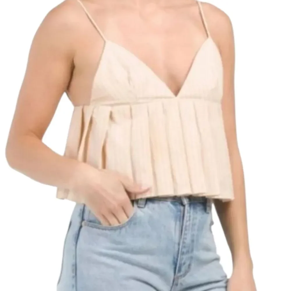 Zara Tank Top Pinstriped Crop Babydoll Peplum V Neck Straps Cotton Cream Pink S - Picture 9 of 10